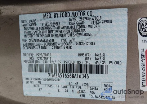 2006 Ford Freestar Se z USA, uszkodzony, nr VIN 2FMZA51656BA16346